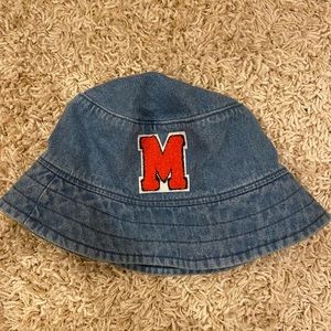 Denim bucket hat with red M patch